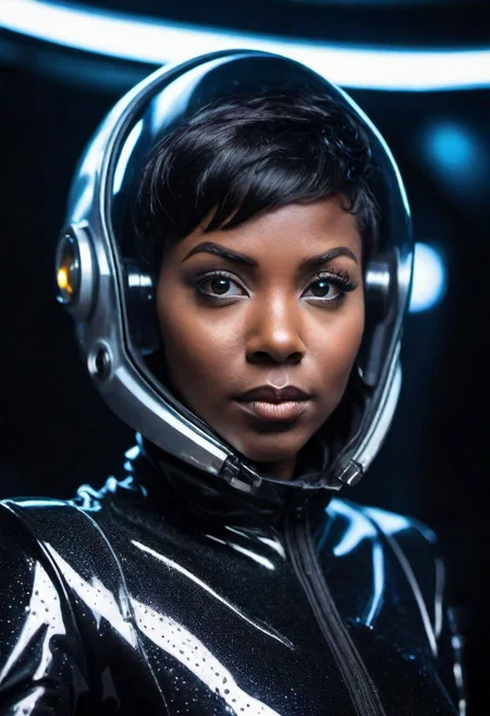 PA7_sdxl-Photo, woman, dark skin, beautiful eyes, short hair, black hair, crystal clear, wearing scifi suit, avant-garde, LatexTech, high-tech, serious, expressive portrait, space ship cockpit, dim light, cinematic lighting, volumetric lighting, film grain, PA7_xl-Portrait-ECU