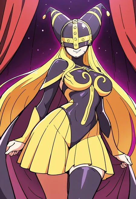 masterpiece, best quality, solo, curvy, beautiful eyes, narrow waist, wide hips, 1girl, solo, smile, looking at viewer, dynamic angle, foreshortening, close up,     zzange, blonde hair, covered eyes, helmet, long hair,  ,<lora:AngewomonDigimonCSV_IXL_v1:0.4>, [Illusion Masquerade Sorceress], harlequin-patterned cape with prismatic lining, mask with ever-shifting expression, mirrored corset, pleated skirt with fading gradients, charm rings that refract reality, illusion mist stockings, theater stage with warping curtains, double shadows cast, playful smirk,