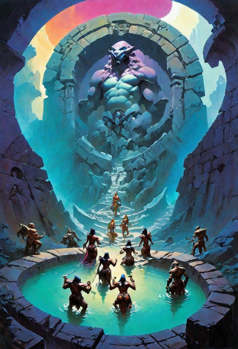 Fantasy painting, masterpiece by frank frazetta, androgynous, dungeon _party, group, muscular, fetish, fantasy masterpiece, a party of beautiful adventurers exploring an ancient dungeon, cyberpunk, vaporwave, arcane ruins