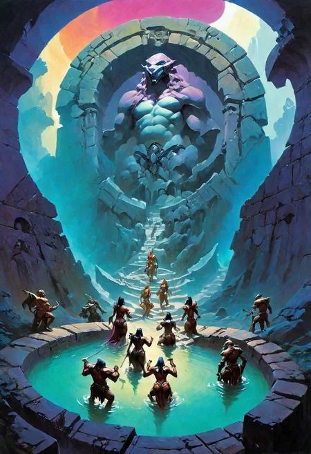 Fantasy painting, masterpiece by frank frazetta, androgynous, dungeon _party, group, muscular, fetish, fantasy masterpiece, a party of beautiful adventurers exploring an ancient dungeon, cyberpunk, vaporwave, arcane ruins
