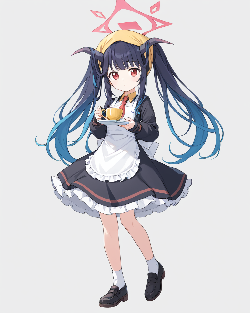 fuuka \(blue archive\),1girl, solo, halo, twintails, horns, white_background, simple_background, necktie, holding_cup, full_body, head_scarf, white_apron, invisible_chair, frilled_apron, black_dress, shoes
<lora:fuuka_(blue_archive)_image510_2023-11-23-000012:1>. gorgeous,key visual, vibrant, studio anime,award-winning, professional, highly detailed,high budget, cinemascope
