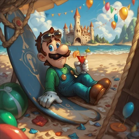 score_9,score_8_up,score_7_up,
Solo Luigi, green clothing, blue eyes, sitting, smaller,  mustache,  On the beach,  making a sand castle, cocktail on the sand,  Surfboard, sunglasses, clouds, balloon, shy
