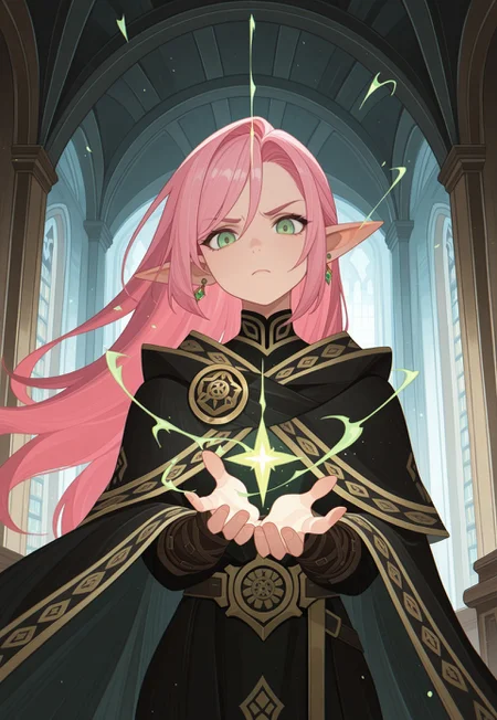 masterpiece, best quality, amazing quality, <lora:afkArenaIllustrious:1>
afkarenastyle,
1girl, female elf, solo, casting spell, dynamic pose,  magic aura, magic effects, portrait, female focus, pink hair, green eyes, slim, long hair, hair swept to one side, light skin, concentrating, serious, looking at viewer, outdoors, beautiful, black cloak with gold trimming, earrings, indoors, arcane library