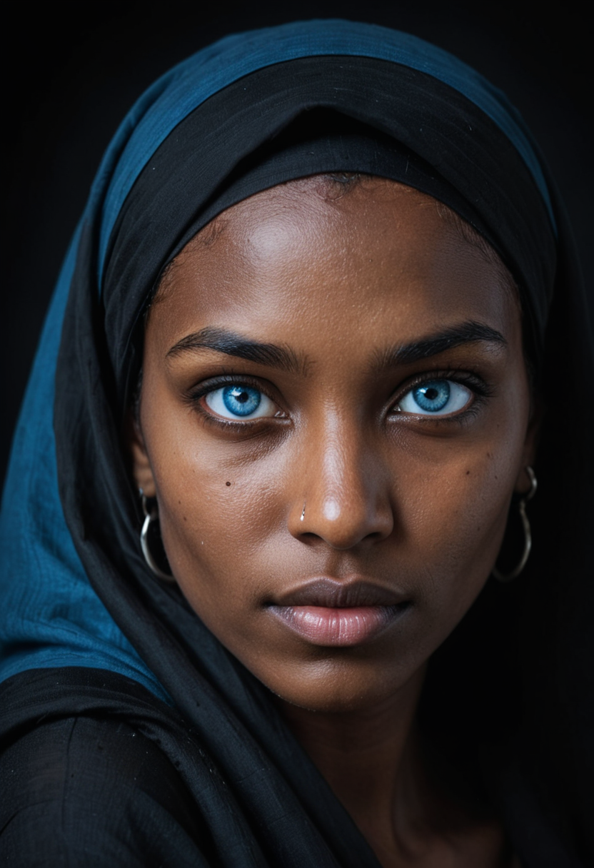 A photo of a person with (striking blue eyes:1.3), dark complexion, draped in a (black headscarf:1.2), (piercing gaze:1.2), subtle facial features, high contrast against (dark background:1.1), (depth in eyes:1.2), natural light highlighting face, sharp focus, portrait orientation, Canon EOS R, 1/80s, f/2.8, ISO 100, (soulful expression:1.3), intimate portrait, profound narrative, (rich texture detail:1.1), fine art photography,, <lora:RMSDXL_Enhance:1>, <lora:RMSDXL_Creative:1.5>