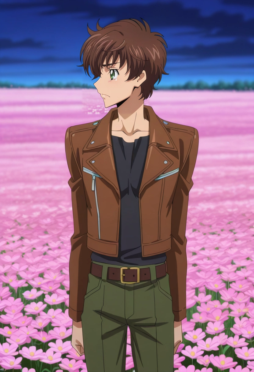 masterpiece, best quality, , anime screencap, anime coloring, , , 1boy, solo, male focus, <lora:suzaku_kururugi_ilxl:0.9>, suzaku_kururugi, brown hair, green eyes, uniform, profile, flower field, flowers, midnight, knees together feet apart, tearing up, Cargo jogger pants, Leather jacket, , ,