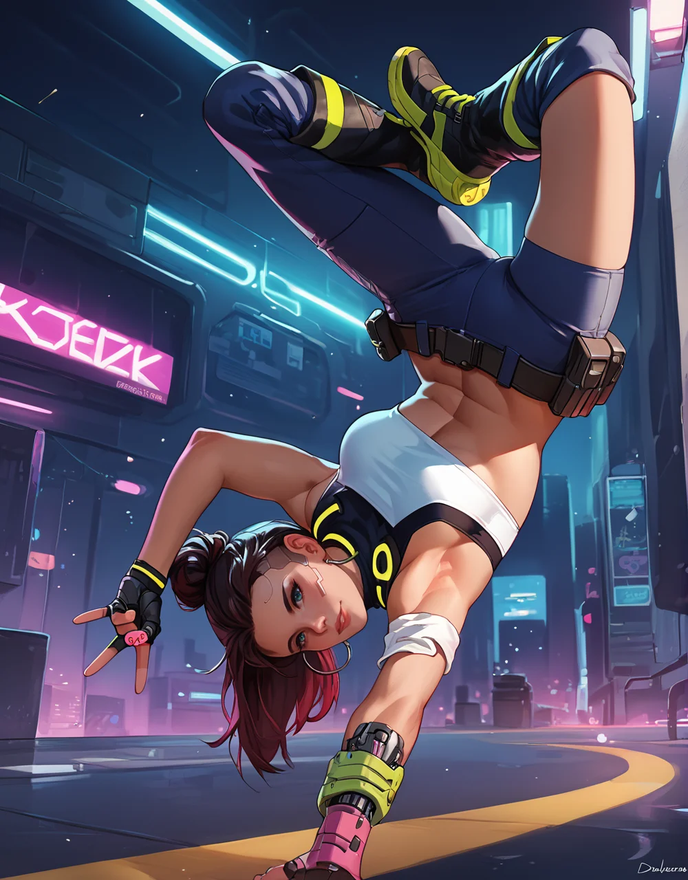 score_9, score_8_up, score_7_up, vibrant color, <lora:bdancepxl:0.9>, bdancepxl, 1girl, doing a handstand, one-handed stand, breakdance pose, pov, motion, boots,cyberpunk, peace sign, robotic arm