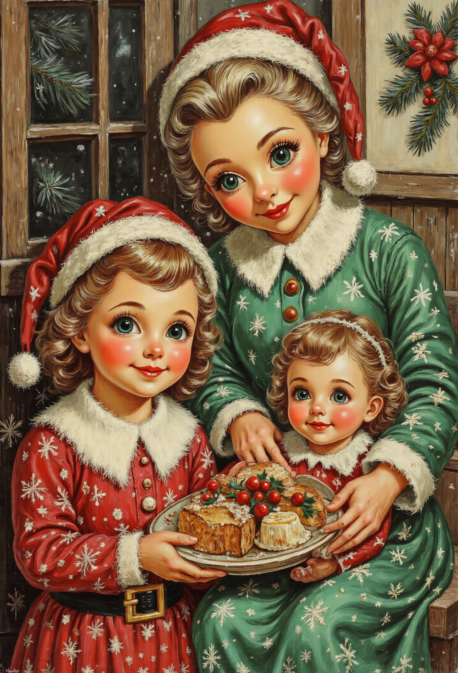 pstcs001, Family picture of realistic Christmas elf in a traditional house, elderly mother two daughters with light brown hair