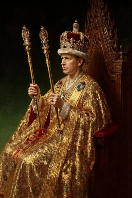 frankowensalisbury1 painting.
A British monarch seated on an ornate throne, adorned in an elaborate golden robe embellished with intricate patterns and jewels. He is wearing a crown decorated with gold and jewels and holding two scepters. The throne is made of wood with intricate carvings. The background is dark. <lora:frankowensalisbury1_cap_d8a4:1.0><lora:863251001493218550:0>