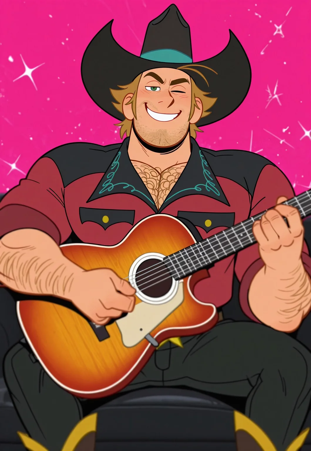 masterpiece, best quality, amazing quality, detailed background, intricate details, dynamic, cinematic, animated, anime realistic shading, solo, male focus, source_anime,high resolution, newest, depth of field, bara, yaoi, perfect face, 1boy, k3nny, blond hair, green eyes, stubble, chest hair, black and blue cowboy hat, red and black jacket, star buckle belt, black pants, cowboy boots, muscular male, looking at viewer, wink, smirk, playing guitar, sitting, upper boddy, pink background, abstract background, dutch angle
