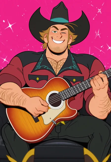 masterpiece, best quality, amazing quality, detailed background, intricate details, dynamic, cinematic, animated, anime realistic shading, solo, male focus, source_anime,high resolution, newest, depth of field, bara, yaoi, perfect face, 1boy, k3nny, blond hair, green eyes, stubble, chest hair, black and blue cowboy hat, red and black jacket, star buckle belt, black pants, cowboy boots, muscular male, looking at viewer, wink, smirk, playing guitar, sitting, upper boddy, pink background, abstract background, dutch angle