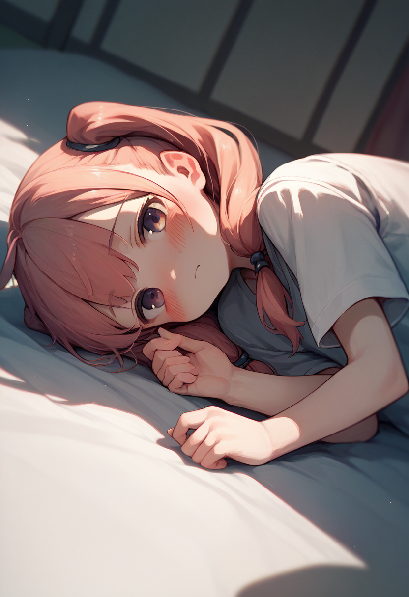 score_9, score_8_up, score_7_up, score_6_up, source_anime, 1girl, 
pov, on side, lying, upper body, 
twintails, looking at viewer, blush,
<lora:pov_across_bed_v0.1-pony:1>