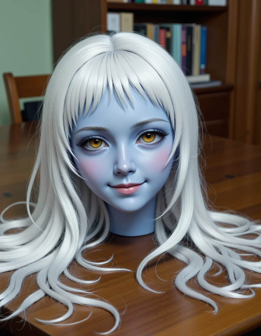 <lora:headonly-flux:1> h3adonly, <lora:real-lora:1.3> (ultrarealistic:1.3) photo of the disembodied head of <lora:Lala-flux-000008:.95> 20 year old lala sitting on a table. She has long white hair that spills out onto the table, yellow eyes with (black sclera:1.5), blue skin, and light pink lips. She is looking slightly up at the viewer and has a shy smile.