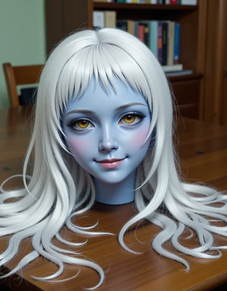 <lora:headonly-flux:1> h3adonly, <lora:real-lora:1.3> (ultrarealistic:1.3) photo of the disembodied head of <lora:Lala-flux-000008:.95> 20 year old lala sitting on a table. She has long white hair that spills out onto the table, yellow eyes with (black sclera:1.5), blue skin, and light pink lips. She is looking slightly up at the viewer and has a shy smile.