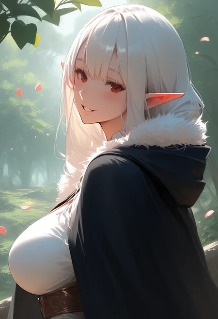 score_9, score_8_up, score_7_up, score_6_up, source_anime,<lora:DIO 0.1v:1>, 1girl, pointy ears, solo, red eyes, smile, elf, looking at viewer, white hair, petals, long hair, upper body, outdoors, cloak, forest, hood, blush, nature, hooded cloak, cape, shirt, hood down, parted lips, looking back, day, bangs, large breasts,