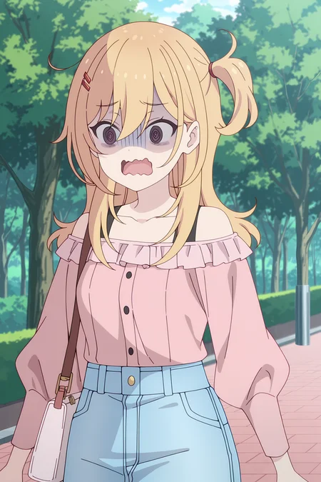 volumetric lighting, official style, amazing quality, ultra detailed, highres, detailed background, anime screenshot, anime screencap, anime coloring, masterpiece, detailed face,1girl <lora:nana_hoshi__-20:0.9>nana_hoshi, nana_hoshi(outfit 1), blonde hair, pink off-shoulder shirt, long hair, off shoulder, long sleeves, solo, denim skirt, hair ornament, bangs, bare shoulders, one side up, bag, collarbone, hair between eyes, open mouth, shoulder bag, handbag, wavy mouth, day, ahoge, outdoors, tree, shaded face, turn pale, @_@