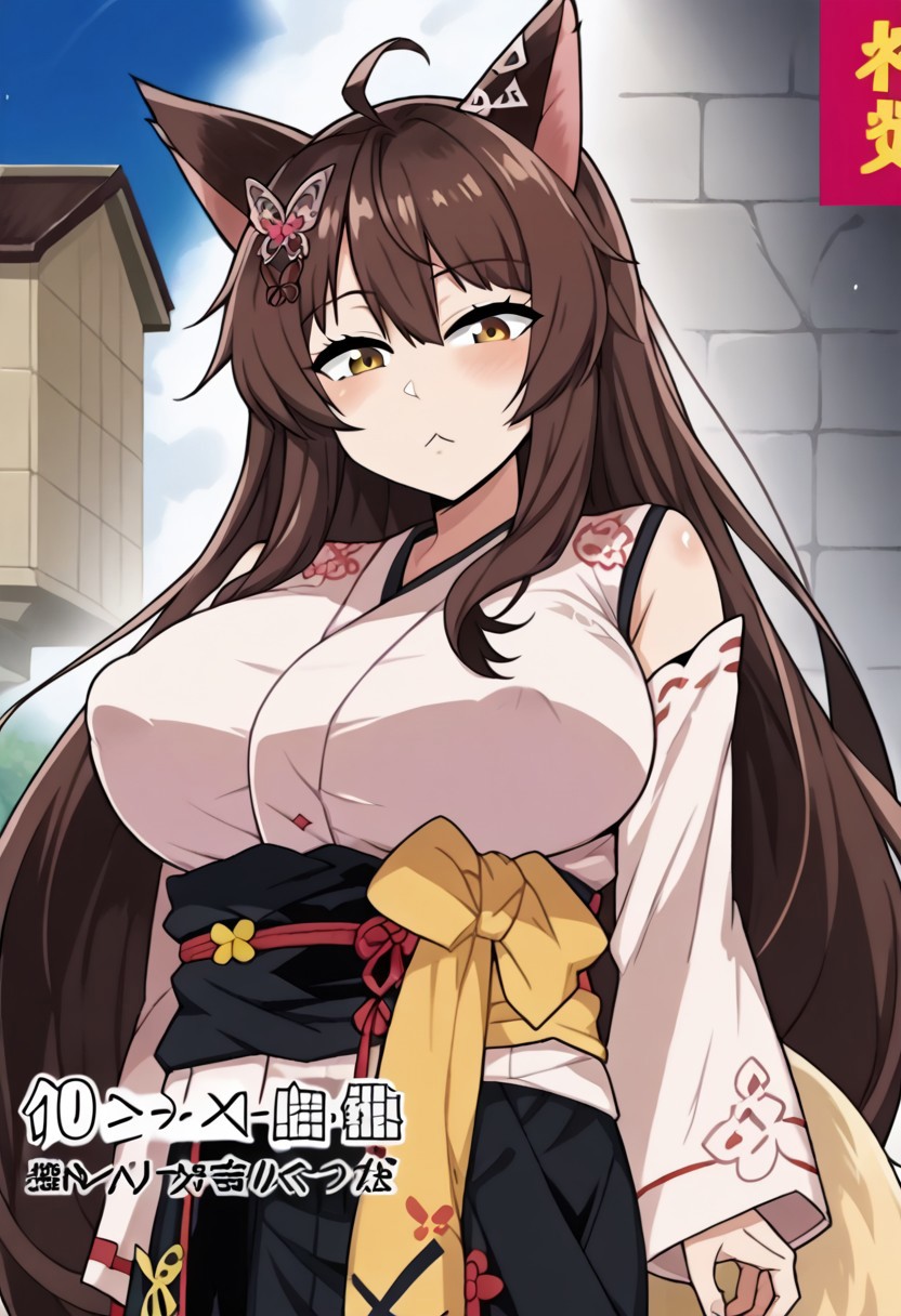 1girl, fumi \(nijisanji\), animal ears, long hair,, brown eyes,  hair ornament, sash, very long hair, butterfly hair ornament, brown hair, hair between eyes, virtual youtuber, hair flower, fox ears, fox girl,  tail, fox tail,  <lora:pony_char_fumi_(nijisanji)-000045:1>,,,,, anime coloring, anime screencap, 1girl,Solo ,, anime,PUFFY nipple,huge breasts,,official art, Uncensored ,Unedited ,,,, , ,,,