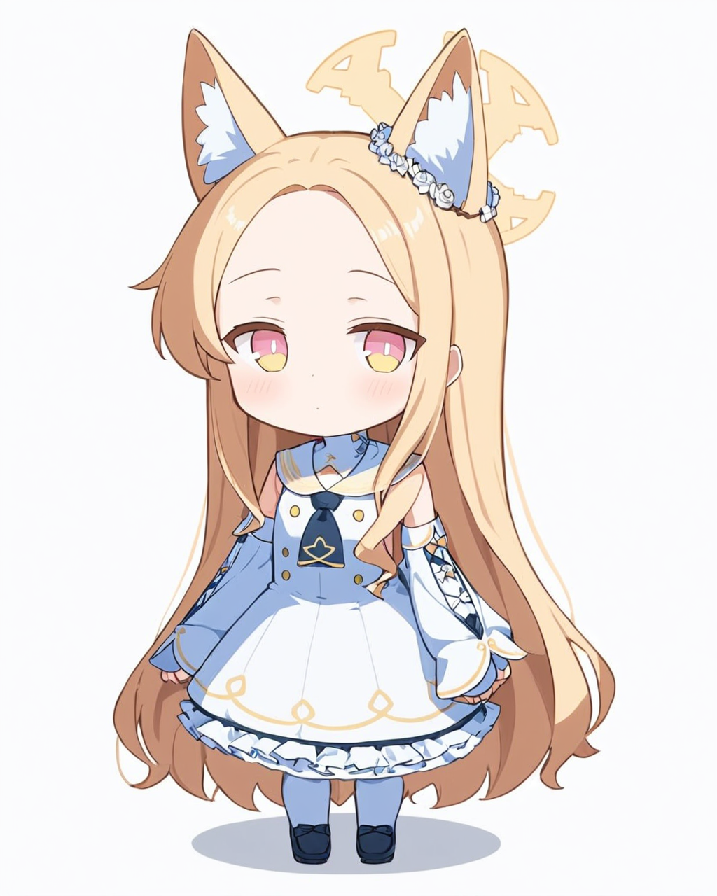 seia \(blue archive\),1girl, solo, white_dress, sleeveless_dress, white_sailor_collar, white_background, halo, forehead, chibi, animal_ear_fluff, long_sleeves, sleeves_past_fingers, closed_mouth, detached_sleeves, simple_background, one_eye_closed, full_body, black_footwear, white_sleeves, hair_flower, looking_at_viewer, sailor_dress, short_necktie, shoes
<lora:seia_(blue_archive)_image1153_2023-12-03-000014:1>halo. gorgeous,key visual, vibrant, studio anime,award-winning, professional, highly detailed,high budget, cinemascope