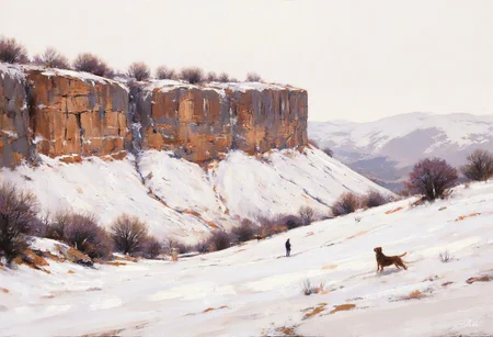 A snow-covered mountain dominates the view, its rocky face showing warm orange and brown hues contrasting with white snow. Patches of dark purple shrubs accent the base. The foreground is a snowy slope; a figure in dark clothing and a brown dog are on the right side, with visible paw prints on the snow. Distant mountains are soft and blurred. The overall palette is pale and desaturated, with white, warm earth tones, and purple contrast. A painterly style with simplified shapes and visible brushstrokes. Diffused, soft light creates gentle shadows. The composition is balanced, mountain on the left, figures on the right. A quiet, winter scene, evoking solitude and natural grandeur. Medium shot, slightly elevated view. The texture is soft and dreamlike. The feeling is peaceful and calm.