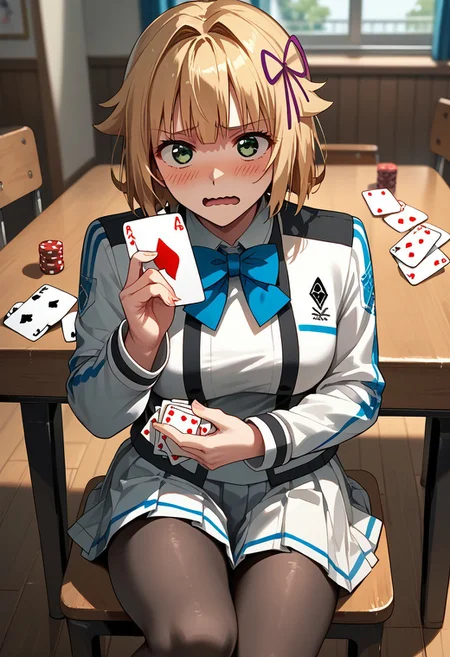 score_9,score_8_up,score_7_up,source_anime, Pearl Diamond,1girl,solo,blush,open mouth,skirt,long sleeves,holding,bow,ribbon,sitting,green eyes,jacket,school uniform,hair ribbon,pantyhose,pleated skirt,indoors,bowtie,black pantyhose,blue bow,white skirt,table,wavy mouth,wooden floor,blue bowtie,card,playing card,holding card