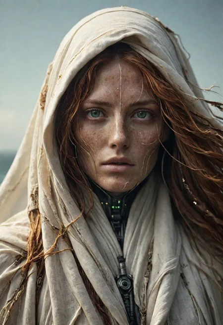 Super Closeup Portrait, Create a DARK dystopian description capturing the essence of a freckled cyborg woman in a close-up photograph, featuring real human DARK green-gray eyes with an intense gaze. The subject has long flowing hair, draped in a ghostly white star wars linen cloak billowing in the wind. The face is a striking fusion of half-cyborg with intricately crafted gold elements and half-human skin, creating a mesmerizing and enigmatic presence. standing at the ocean in bright sunlight, ethereal, sunray,
very detailed, atmospheric haze, Film grain, cinematic film still, shallow depth of field, highly detailed, high budget, cinemascope, moody, epic, OverallDetail, gorgeous, 2000s vintage RAW photo, photorealistic, candid camera, color graded cinematic, eye catchlights, atmospheric lighting, skin pores, imperfections, natural, shallow dof