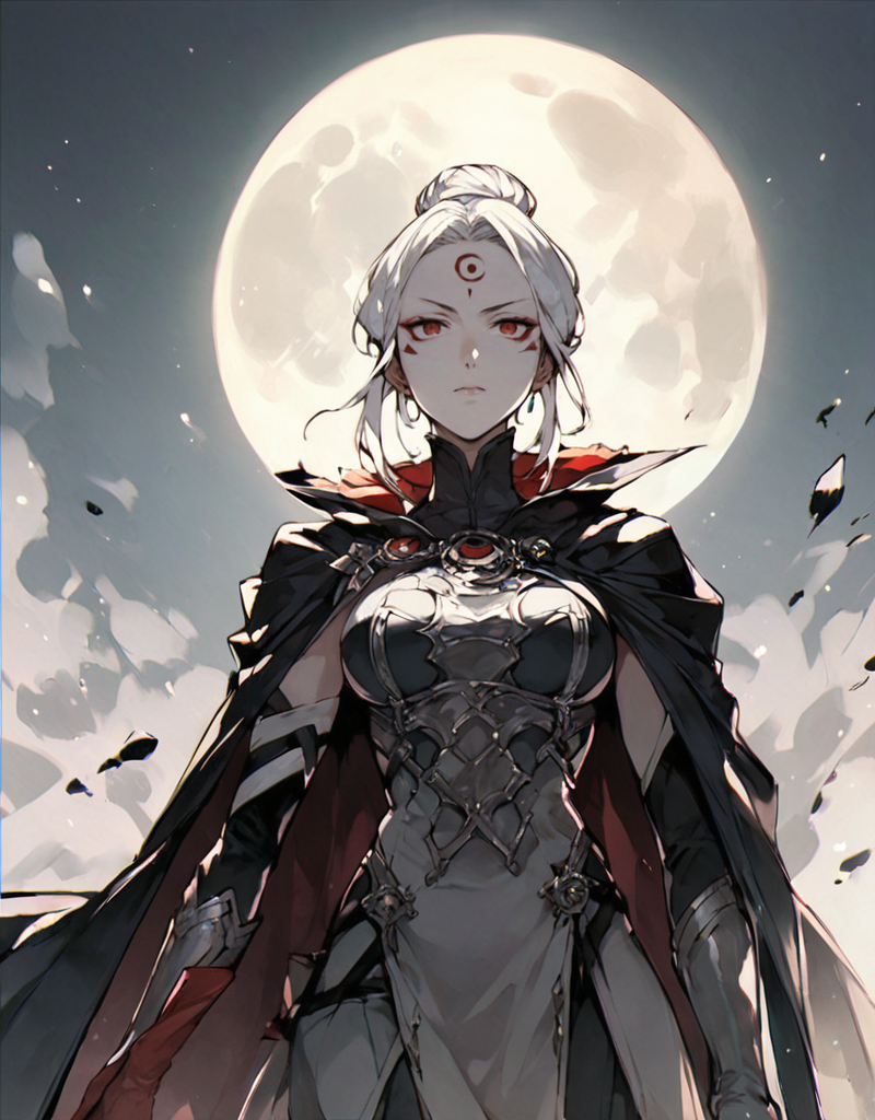 <lora:kdm style v2:1> kdmstyle  <lora:TAMIYO:0.86> tamiyo, 1girl, solo, colored skin, white hair, gloves, breasts, facial mark, hair bun, cape, forehead mark, moon, source_anime, score_9_up,  score_7_up, score_8_up