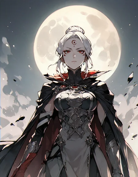 <lora:kdm style v2:1> kdmstyle <lora:TAMIYO:0.86> tamiyo, 1girl, solo, colored skin, white hair, gloves, breasts, facial mark, hair bun, cape, forehead mark, moon, source_anime, score_9_up, score_7_up, score_8_up