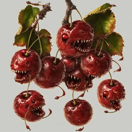 A bunch of Cherries FaVGoneBad on the tree are barking at each other <lora:Fruits_and_Vegetables_gone_bad_-_SDXL_LoRA:0.8>