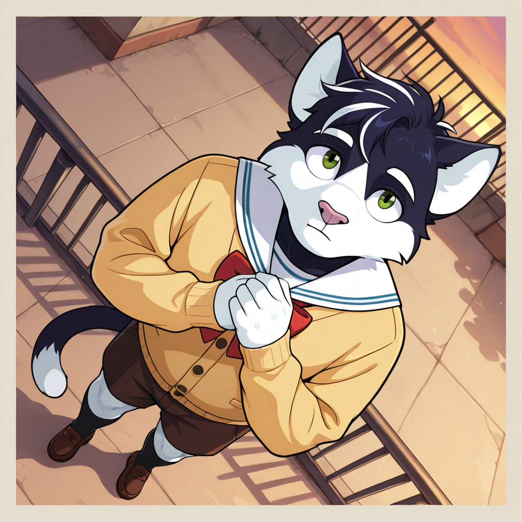 furry, solo, male, striped hair, striped fur, green eyes, tail, (ears up), slightly chubby, closed mouth, 2000s \(style\), black socks, border, bow, bowtie, cardigan, expressionless, full body, hands on own chest, kneehighs, long sleeves, looking at viewer, outdoors, own hands together, railing, red bow, red bowtie, rooftop, sailor collar, school uniform, shorts socks, solo, standing, twilight, white sailor collar, yellow cardigan, windy, detailed background, from above, dynamic angle, dynamic pose, dutch angle, looking up, masterpiece, best quality, amazing quality, very aesthetic, highres, absurdres, detailed background <lora:Jayce_Sercap:1>, <lora:add-detail-xl:0.5>, <lora:Expressive_H:0.2>, <lora:spo_sdxl_10ep_4k-data_lora_webui:0.2>, <lora:sdxlVAE_sdxlVAE:0.1>, <lora:noobai_ep11_stabilizer_v0.138_fp16:0.3> , <lora:noobaiXLNAIXL_epsilonPred11Version-lora:0.1>