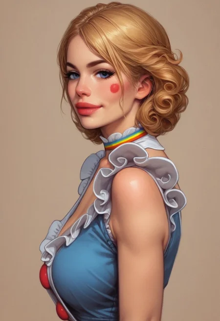 1girl, illustration, comic style, looking at viewer, highly detailed, source_comic_illustration, from front, 1girl, illustration, comic style, looking at viewer, highly detailed, source_comic_illustrationskinny, looking at viewer, 1girl, masterpiece, best quality, ((((side view)))), girl, realistic drawing, anime, by Sam Yang, sharp highly detailed 2d illustration, comic art, (hyperrealism, soft light, sharp), (anime:0.5), BREAK
dynamic composition,1girl, sexy, curly redhair, dressed as a clown, clown makeup, mini skirt, big clown shoes, smirk, big natural breast, red tshirt, ,
((full-clothed))
BREAK
slight smile, looking at viewer
BREAK
(((circus background))) score_9, score_8_up, score_7_up, score_6_up, source_cartoon, rating_explicit, Expressiveh, ((((upper body, portrait))))), dynamic pose, dynamic pose