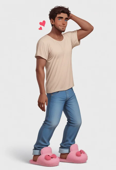 Arabian 25yo Naveen, 1boy, medium dark brown skin, slender manly body, combed medium brown hair, light blue eyes, facial expression loving, subtle beard stubble, baggy shirt, loose jeans, standing pose, leaning side view, hearts, fuzzy slippers