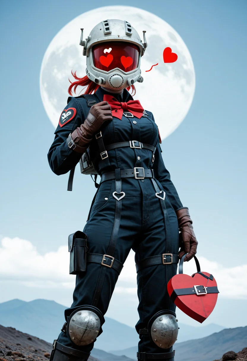 score_9, score_8_up, score_7_up, score_6_up, rating_sfw, sfw, 1girl, 25 years old, red hair, cute face, helldiver armor, helmet, on alien planet, ((floating  hearts)),   red bow, full body shot, waifu, big smile, half moon eyes, holding valentine