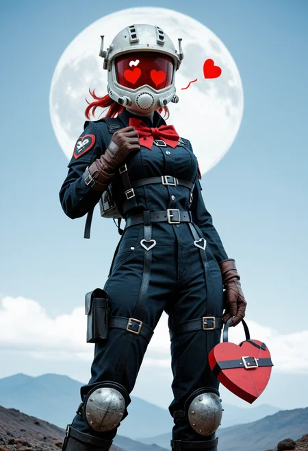 score_9, score_8_up, score_7_up, score_6_up, rating_sfw, sfw, 1girl, 25 years old, red hair, cute face, helldiver armor, helmet, on alien planet, ((floating  hearts)),   red bow, full body shot, waifu, big smile, half moon eyes, holding valentine