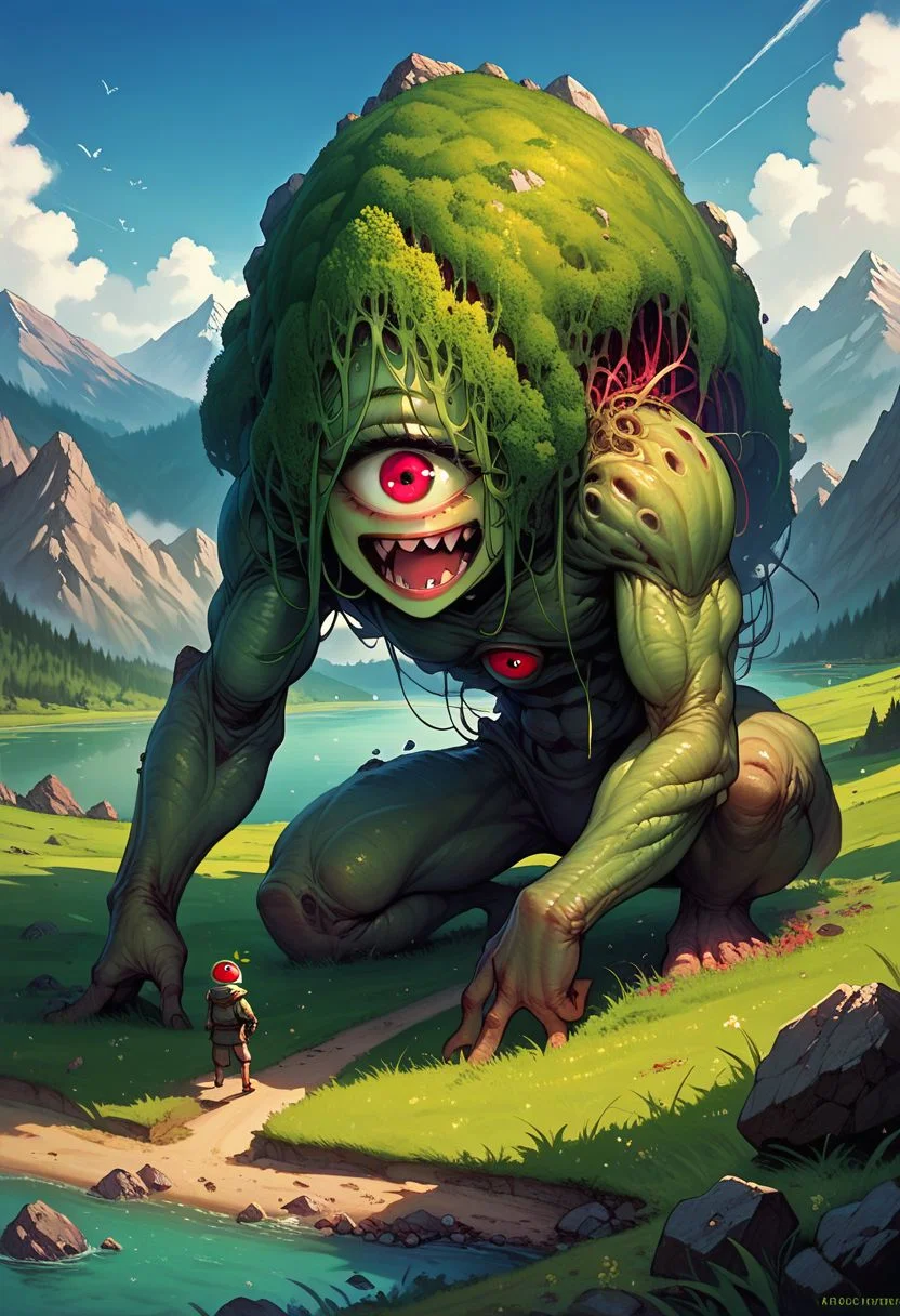 core_9, score_8_up, score_7_up, ultra detailed, Excellent quality, high resolution, creature, cyclops, destruction, elemental (creature), giant, giant monster, golem, grass, lake, monster, mountain, one-eyed, open mouth,outdoors, rock, water