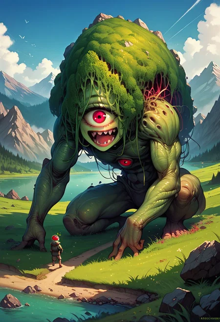 core_9, score_8_up, score_7_up, ultra detailed, Excellent quality, high resolution, creature, cyclops, destruction, elemental (creature), giant, giant monster, golem, grass, lake, monster, mountain, one-eyed, open mouth,outdoors, rock, water