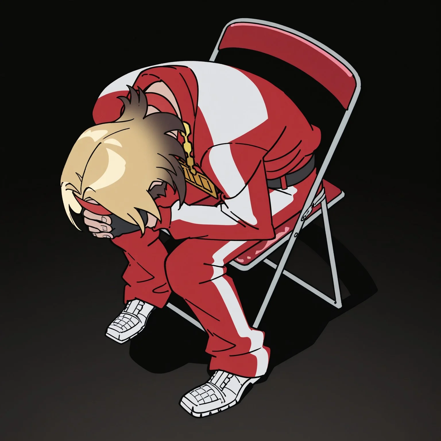 highres, hi res, best quality, masterpiece, 2d, intricate details, 4k, anime coloring, uncensored, shaded, shadow, countershading,
1boy, solo, male, dukemtcy, blonde hair, medium hair, multicolored hair, facial hair, beard, red-white headband, bright red tracksuit, black shouler pad, jacket, huge chain, name on chain, white t-shirt, grey fingerless gloves, belt, pants, white gators
sitting, full body, from above, chair, parody, meme, own hands clasped, head down, folding chair,
depth of field, black background, <lora:Shinji_in_a_Chair_meme_ILXL:1>, shinji in a chair \(meme\),