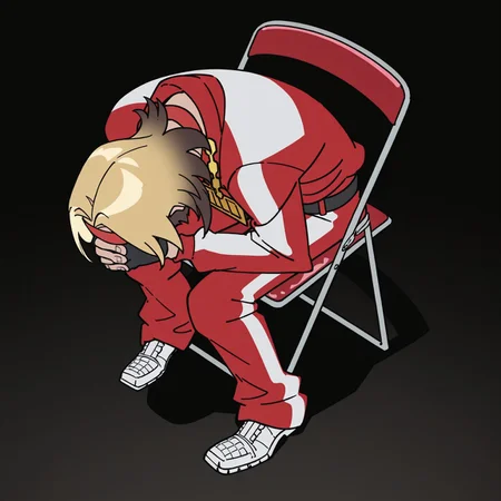 highres, hi res, best quality, masterpiece, 2d, intricate details, 4k, anime coloring, uncensored, shaded, shadow, countershading,
1boy, solo, male, dukemtcy, blonde hair, medium hair, multicolored hair, facial hair, beard, red-white headband, bright red tracksuit, black shouler pad, jacket, huge chain, name on chain, white t-shirt, grey fingerless gloves, belt, pants, white gators
sitting, full body, from above, chair, parody, meme, own hands clasped, head down, folding chair,
depth of field, black background, <lora:Shinji_in_a_Chair_meme_ILXL:1>, shinji in a chair \(meme\),