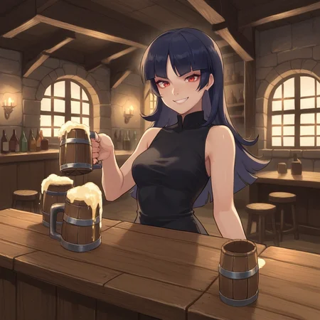 score_9, score_8_up, score_7_up, score_6_up, score_5_up, score_4_up, zPDXL2,source_anime,rating_questionable, 1girl, solo, night time, sabrina, black dress, smirk, tavern, <lora:Tavern:0.7> t4v3rn, indoors, table, beer mugs, barrel, window, bottles