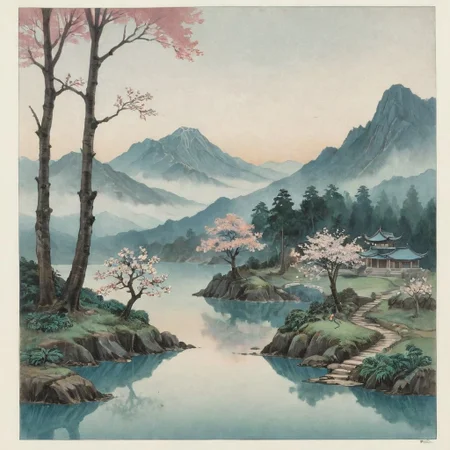 Victorian watercolor painting, Imagine a mesmerizing landscape at dawn in Japan, with tiered, mist-covered mountain ranges stretching into the distance, each layer appearing more ethereal and bluish in hue. The sky is softly transitioning from deep purples to muted blues and greys as the sun begins to rise. A serene lake lies at the base of the mountains, reflecting the misty peaks and the surrounding muted, green forest. Delicate cherry blossom trees are faintly visible, their pale petals blending into the misty backdrop. Ancient Japanese temples or shrines are subtly integrated into the landscape, shrouded by the mist. The entire scene exudes a tranquil, almost otherworldly beauty, dominated by shades of blue and grey, evoking a strong sense of peace and connection with nature, sharp, very detailed: 1.5 eroticism. rough sketch, sideview, 2d, moody, gloomy, dark picture, high contrast, stylized.