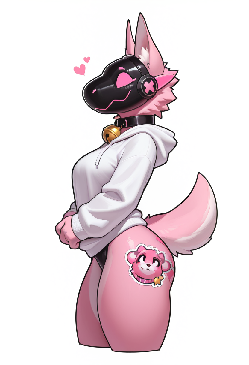 1girl, solo, furry female, thick thighs, white background, simple background, furry, heart, hood, tail, animal ears, thighs, from side, breasts, long sleeves, bell, standing, cropped legs, white hoodie, collar, cowboy shot, jingle bell, white and pink fur, two tone body, shiny, hoodie, neck bell, hood down, smile, pink eyes, protogen, sticker, sticker on ass, 
<lora:Aymbord_Ill:1> aymbord,, score_9, score_8_up, score_7_up, score_6_up, score_5_up, score_4_up, masterpiece,best quality,amazing quality,  lazypos, lazyup,