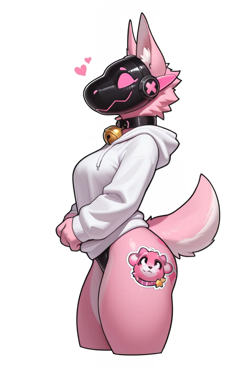 1girl, solo, furry female, thick thighs, white background, simple background, furry, heart, hood, tail, animal ears, thighs, from side, breasts, long sleeves, bell, standing, cropped legs, white hoodie, collar, cowboy shot, jingle bell, white and pink fur, two tone body, shiny, hoodie, neck bell, hood down, smile, pink eyes, protogen, sticker, sticker on ass,
<lora:Aymbord_Ill:1> aymbord,, score_9, score_8_up, score_7_up, score_6_up, score_5_up, score_4_up, masterpiece,best quality,amazing quality, lazypos, lazyup,