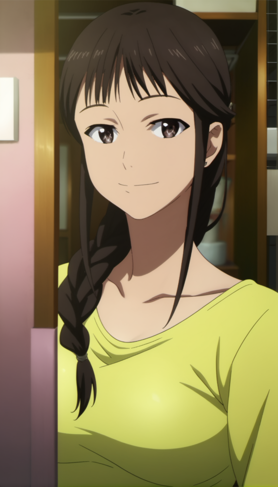 score_9,score_8_up,score_7_up,
<lora:MisatoSegawa:1>,
misato segawa,
1girl,solo,black hair,bangs,braid,
brown eyes,looking at viewer,smile,
yellow t-shirt,long sleeves,
(portrait:1.2),
blurry background,bloom,lens flare,vignetting,indoors,living room,