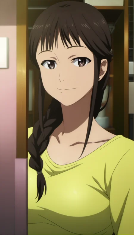 score_9,score_8_up,score_7_up,
<lora:MisatoSegawa:1>,
misato segawa,
1girl,solo,black hair,bangs,braid,
brown eyes,looking at viewer,smile,
yellow t-shirt,long sleeves,
(portrait:1.2),
blurry background,bloom,lens flare,vignetting,indoors,living room,