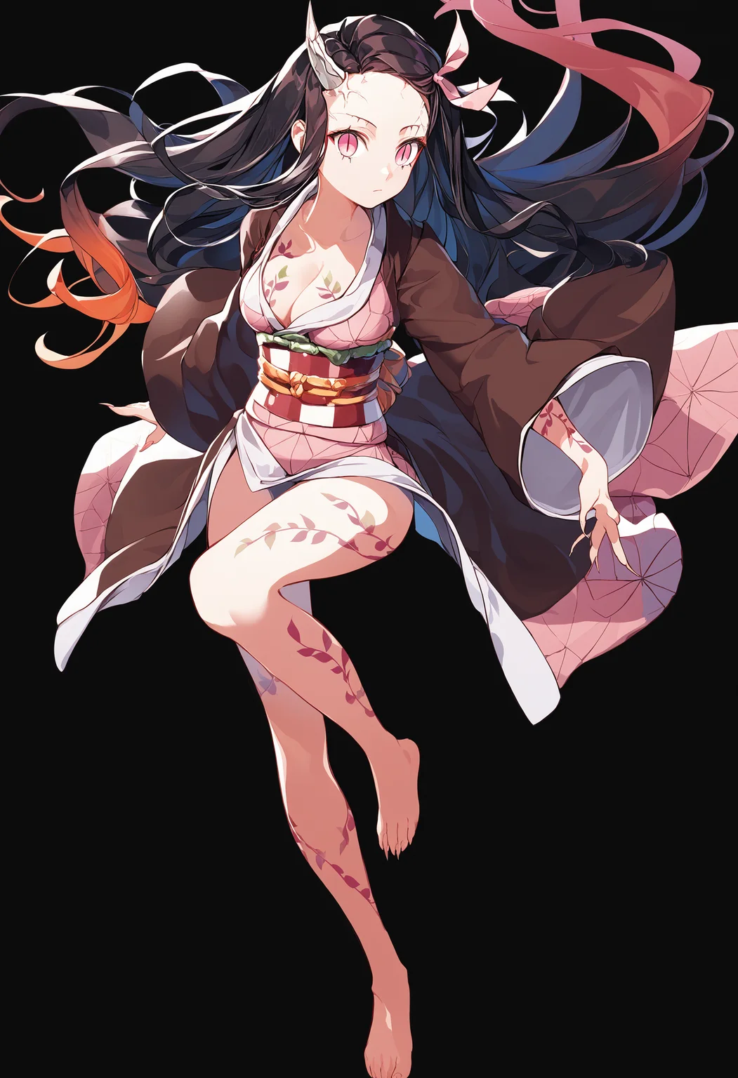 kamada nezuko, single horn, cracked horn, 1girl, kamado nezuko, solo, long hair, kimono, japanese clothes, barefoot, breasts, pink kimono, cleavage, sash, multicolored hair, black hair, checkered sash, ribbon, obi, pink eyes, oni girl, full body, looking at viewer, black background, hair ribbon, medium breasts, very long hair, floating hair, pink ribbon, long sleeves, simple background, sharp fingernails, gradient hair, tattoo, asa no ha \(pattern\), wide sleeves, forehead, closed mouth, haori, fingernails, slit pupils,
score_9, score_8_up, score_7_up, masterpiece, best quality
<lora:oni_girl_concepts_v2:1>