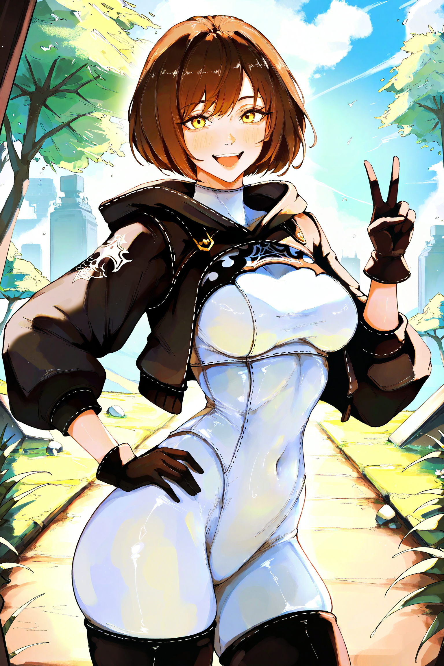 1girl,brown hair,solo,hood,short hair,gloves,bodysuit,smile,breasts,v,looking at viewer,yellow eyes,hand on hip,open mouth,medium breasts,black gloves,bangs,commander \(nier:automata\),outdoors,
masterpiece,best quality,amazing quality,very aesthetic,absurdres,<lora:bon_drawr_style:1>,bon_drawr,