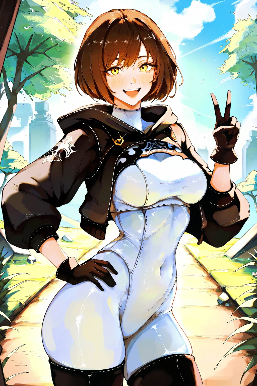 1girl,brown hair,solo,hood,short hair,gloves,bodysuit,smile,breasts,v,looking at viewer,yellow eyes,hand on hip,open mouth,medium breasts,black gloves,bangs,commander \(nier:automata\),outdoors,
masterpiece,best quality,amazing quality,very aesthetic,absurdres,<lora:bon_drawr_style:1>,bon_drawr,