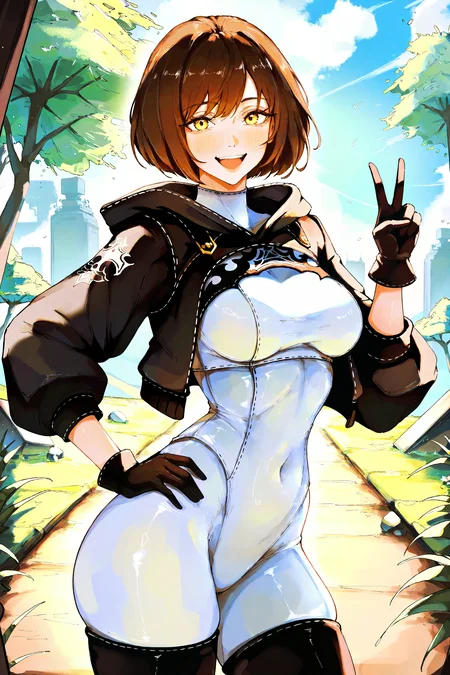 1girl,brown hair,solo,hood,short hair,gloves,bodysuit,smile,breasts,v,looking at viewer,yellow eyes,hand on hip,open mouth,medium breasts,black gloves,bangs,commander \(nier:automata\),outdoors,
masterpiece,best quality,amazing quality,very aesthetic,absurdres,<lora:bon_drawr_style:1>,bon_drawr,