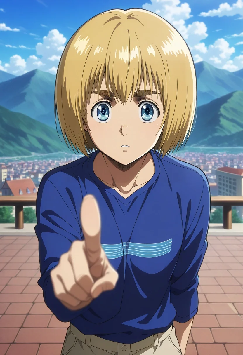 masterpiece, best quality, , anime screencap, anime coloring, official style, looking at viewer, depth of field, 1boy, solo, male focus, <lora:armin_arlert_ilxl:1>, armin_arlert, blonde hair, blue eyes, curtained hair, , straight-on, mountaintop city, day, clouds, pointing, sparkling eyes, Linen trousers, Digital print Henley long-sleeve shirt, Oxfords, ,
