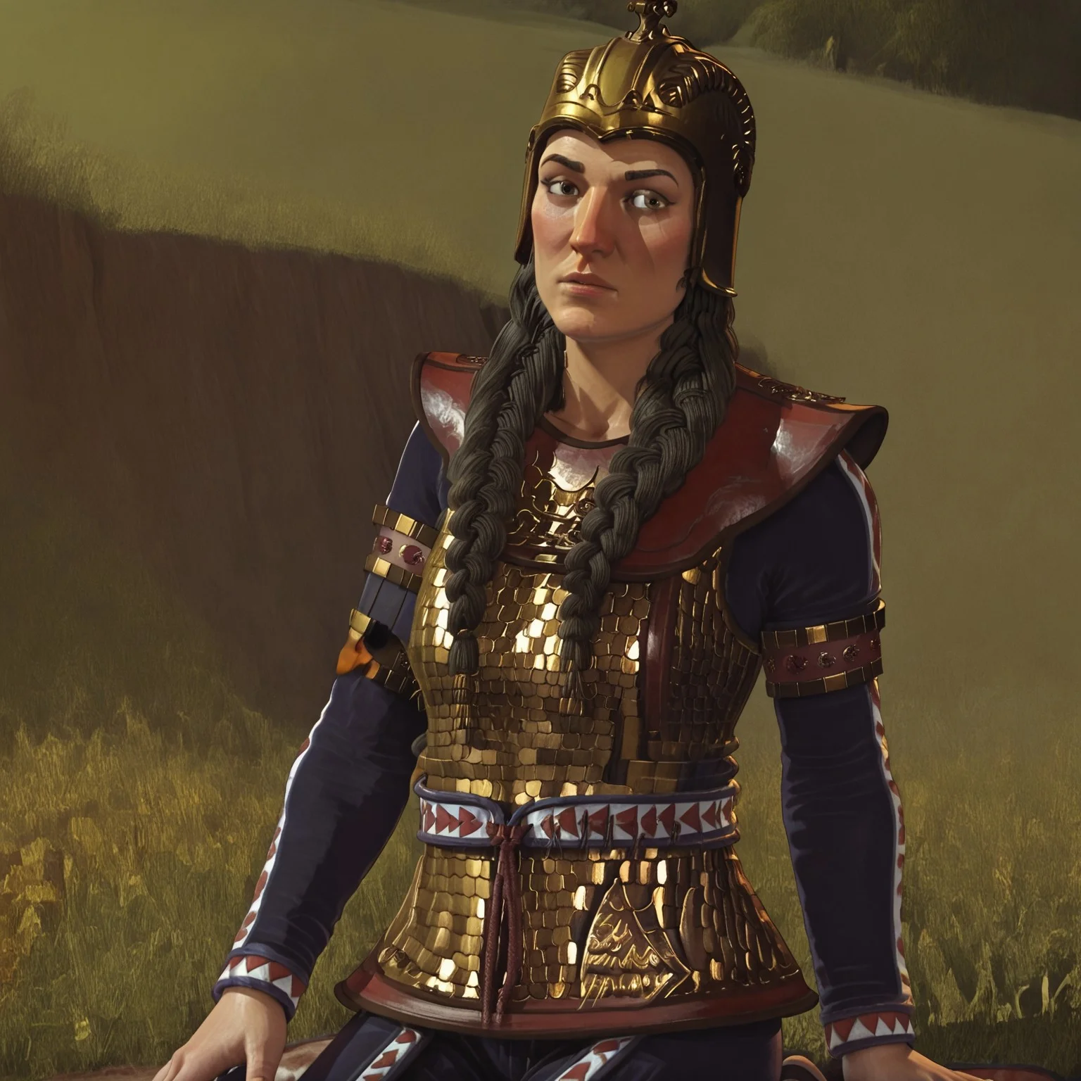 1girl, solo, tomyris, black hair, twin braids, gold helmet, cavalry armor, kneeling on a hillside, mourning