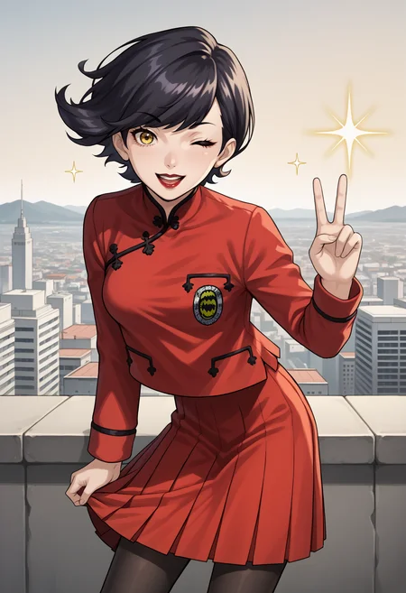 score_9, score_7_up, source_anime, 1girl, wink, peace sign, open mouth, smile, looking at viewer, sparkle, midair, leaning forward, skirt hold, <lora:KeiSMT-pdxl:1> keiSMT, black hair, short hair, asymmetrical hair, yellow eyes, red lips, red jacket, chinese clothes, medium breasts, school uniform, long sleeves, red skirt, pleated skirt, black pantyhose, yellow theme, cityscape, day