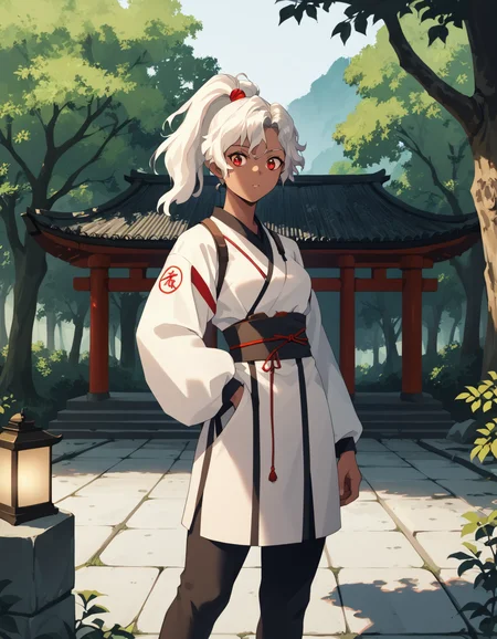 score_9, score_8_up, score_7_up <lora:rita-ponyxl-000025:1> wwrita, red eyes, white hair, ponytail, dark-skinned female, streetwear,
1girl, architecture, east asian architecture, forest, lantern, nature, outdoors, solo, tree